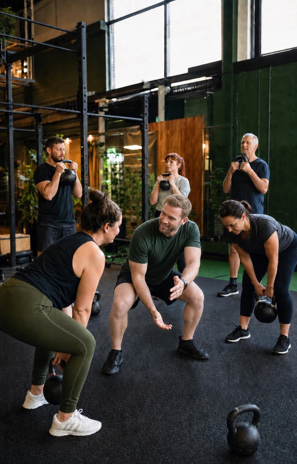 A coach leading a small-group functional fitness session